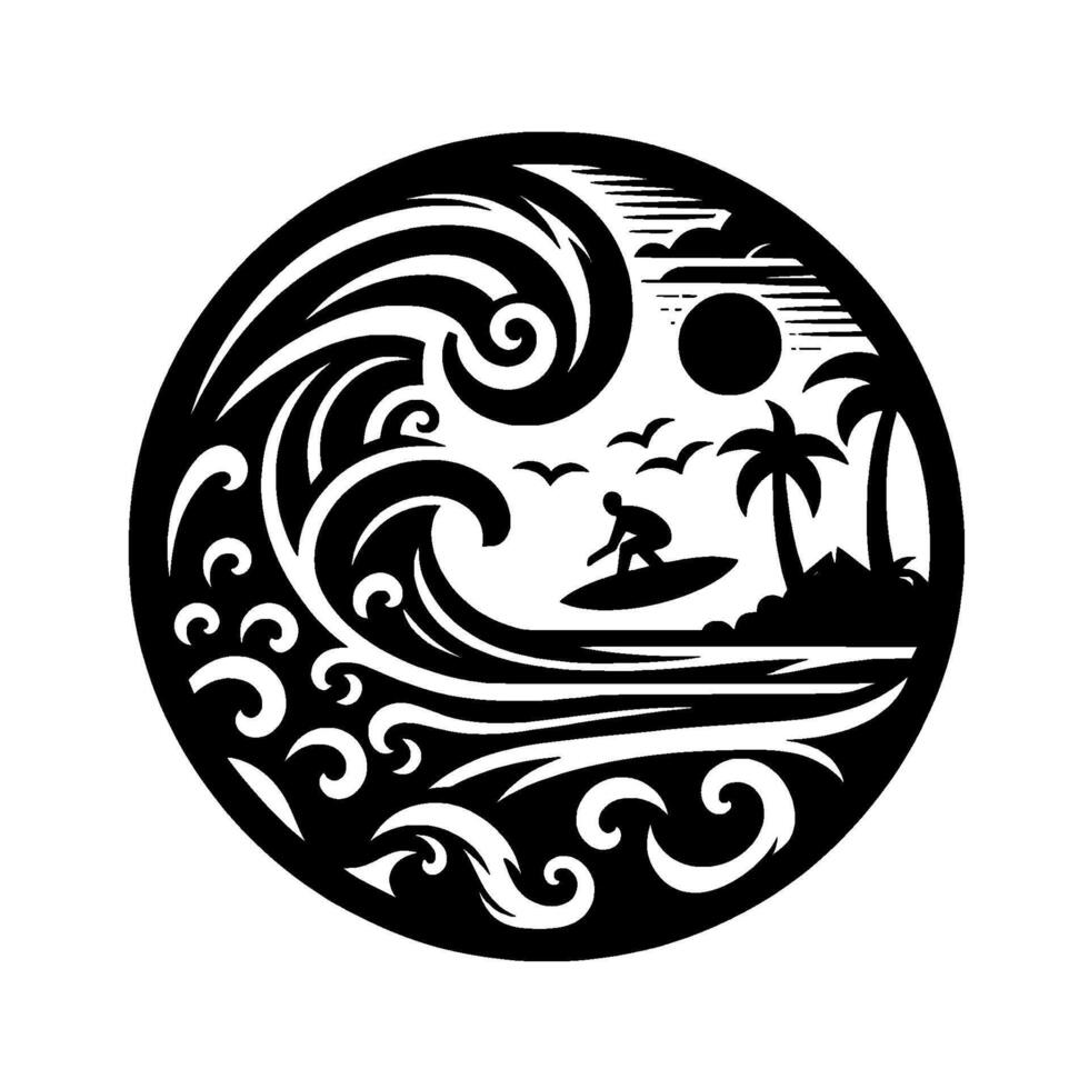 Circular black and white of a surfer riding a wave, complete with palm trees, sun, birds, and cloud formations, evoking a serene coastal scene. vector