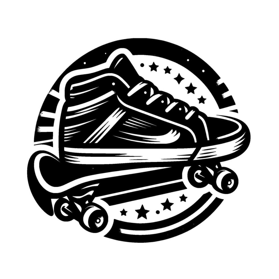 Black and White Skate Shoe and Skateboard Emblem with Star and Circle vector