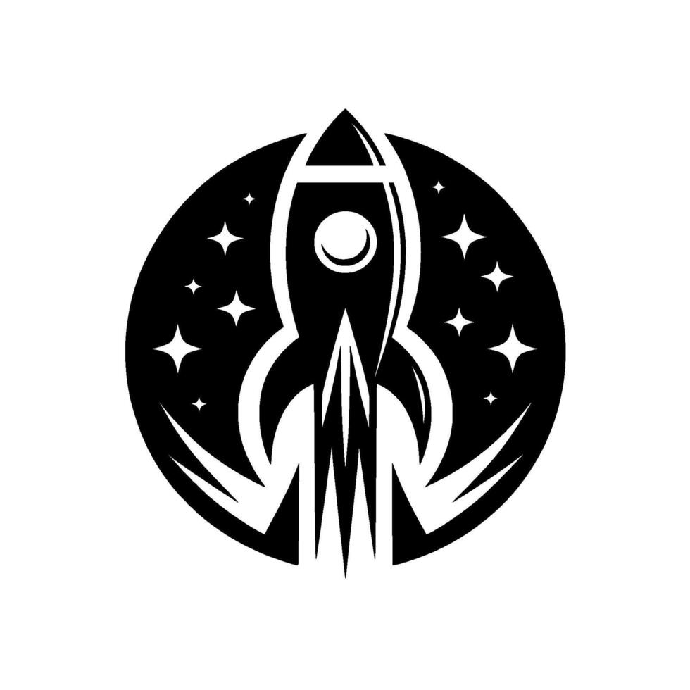 A sleek, minimalist black and white depicts a rocket ship blasting off amid a starry night, contained within a circular frame. vector