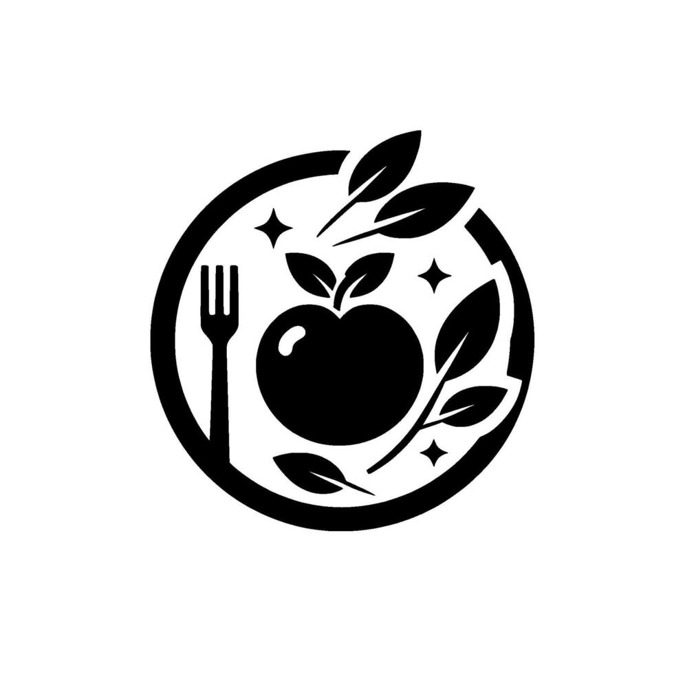 Monochromatic Circular Apple, Fork, Leaves, Stars, and Symbolic Healthiness. vector