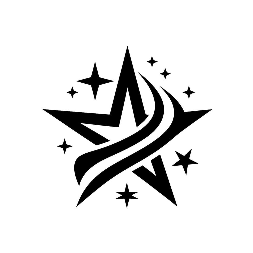 Abstract Black and White Starburst Featuring a Star Motif, Streamlines, and Additional Star Elements on White. vector