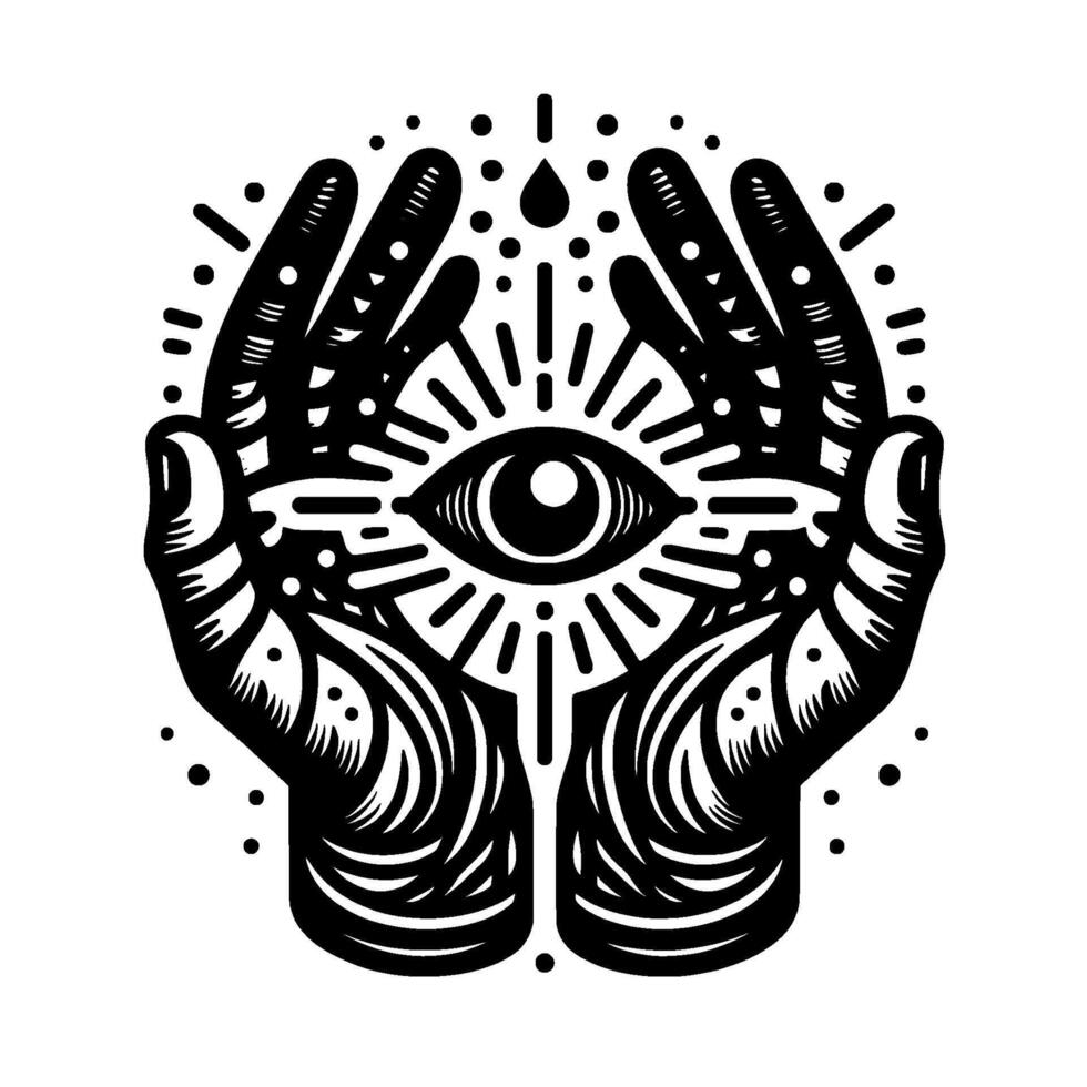 Intricately Detailed Black and White Stylized Hands Cradle a Mystical AllSeeing Eye with Radiating Rays, Dots, and a Droplet. vector