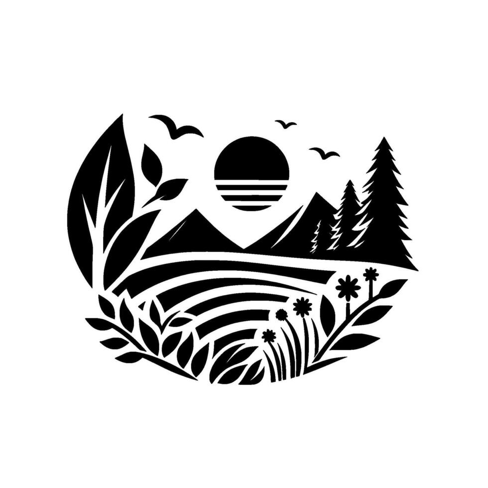 Stylized blackandwhite illustration of a landscape scene featuring mountains, trees, sun, birds, plants, and flowers, all enclosed in a circular frame. vector