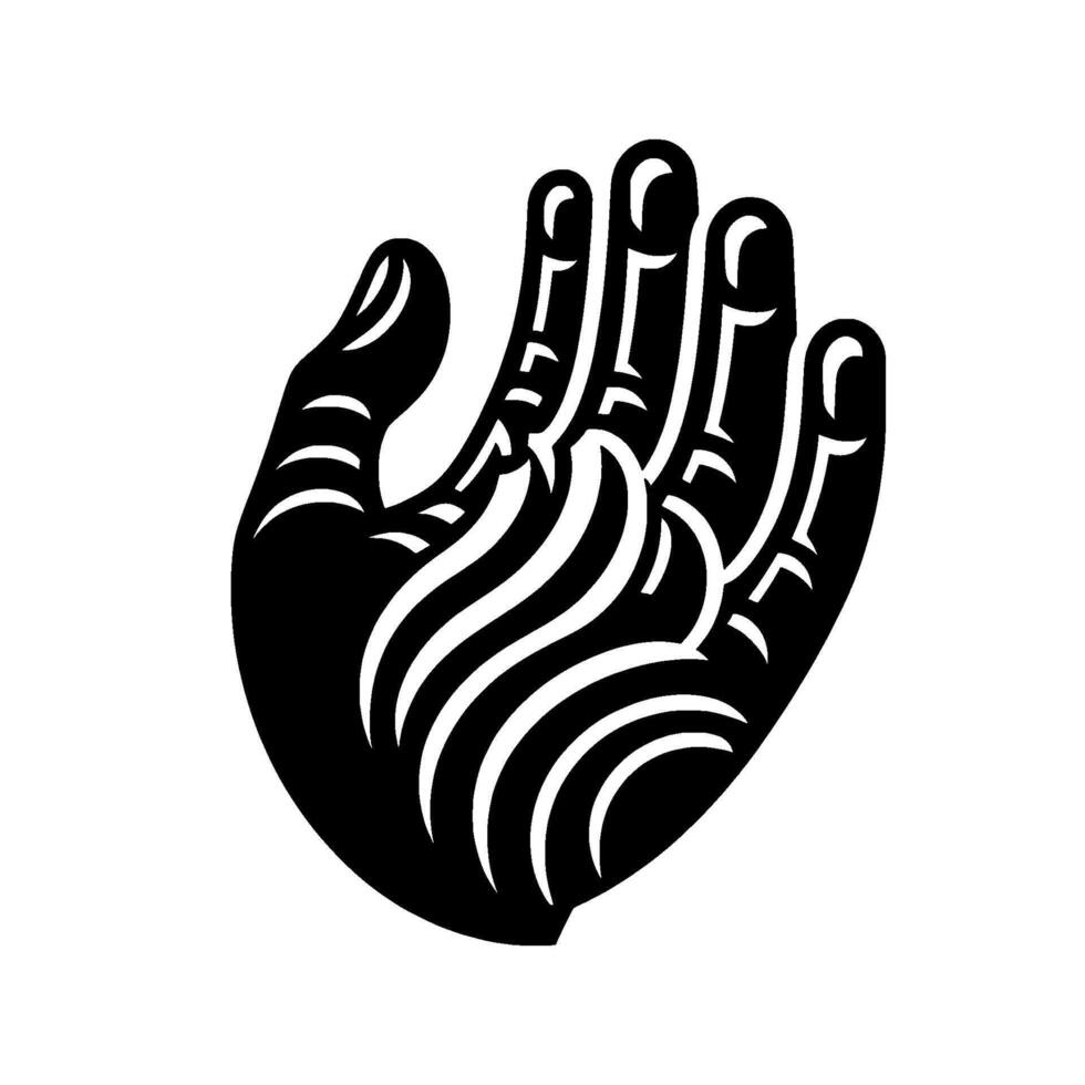 Stylized Open Hand Silhouette in Black and White, Displaying Detailed Lines and Curves on a Pure White Background, Suggesting Offering or Invitation. vector