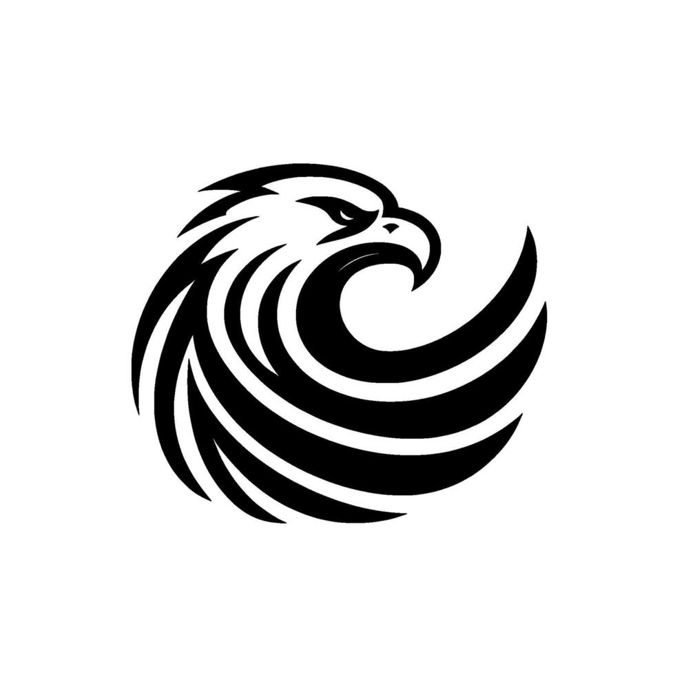 A minimalist, of a powerful eagle head, formed by bold, curved black lines, against a stark white background. vector