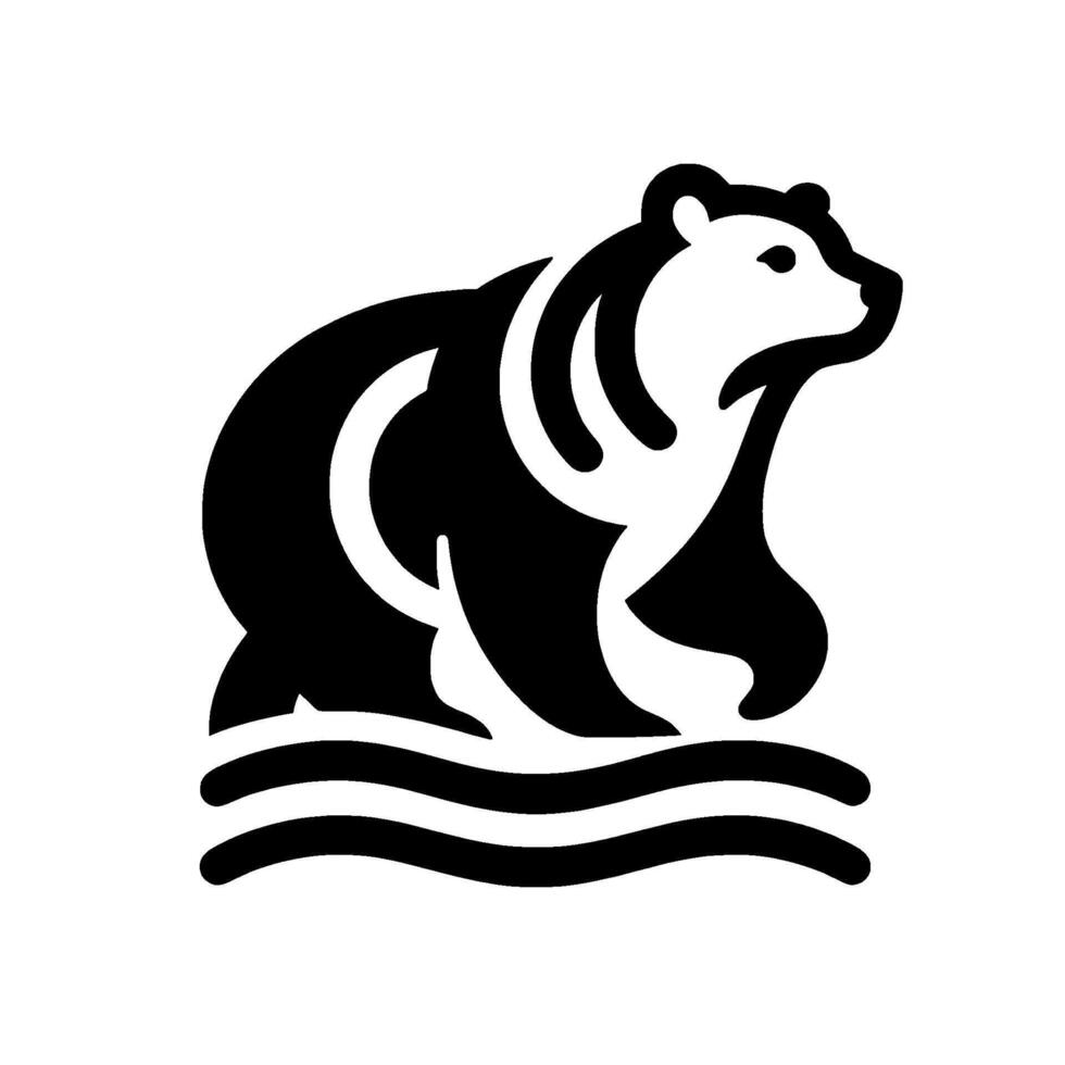 Minimalist Black and White Bear Silhouette Walking on Water Waves, Illustrative . vector