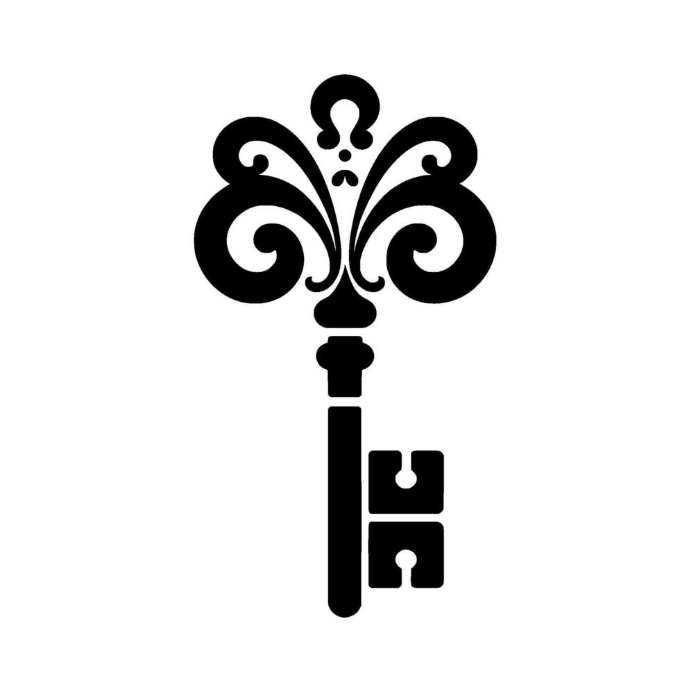 Ornate Black Silhouette Key on White Elegant Decorative with Swirls and Classic Shape, Isolated, Decorative, Simple. vector