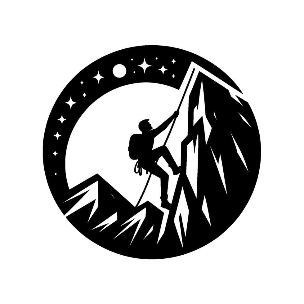 Silhouetted Climber Ascending a Mountain Under a Night Sky Within a Circular Frame, Illustration. vector