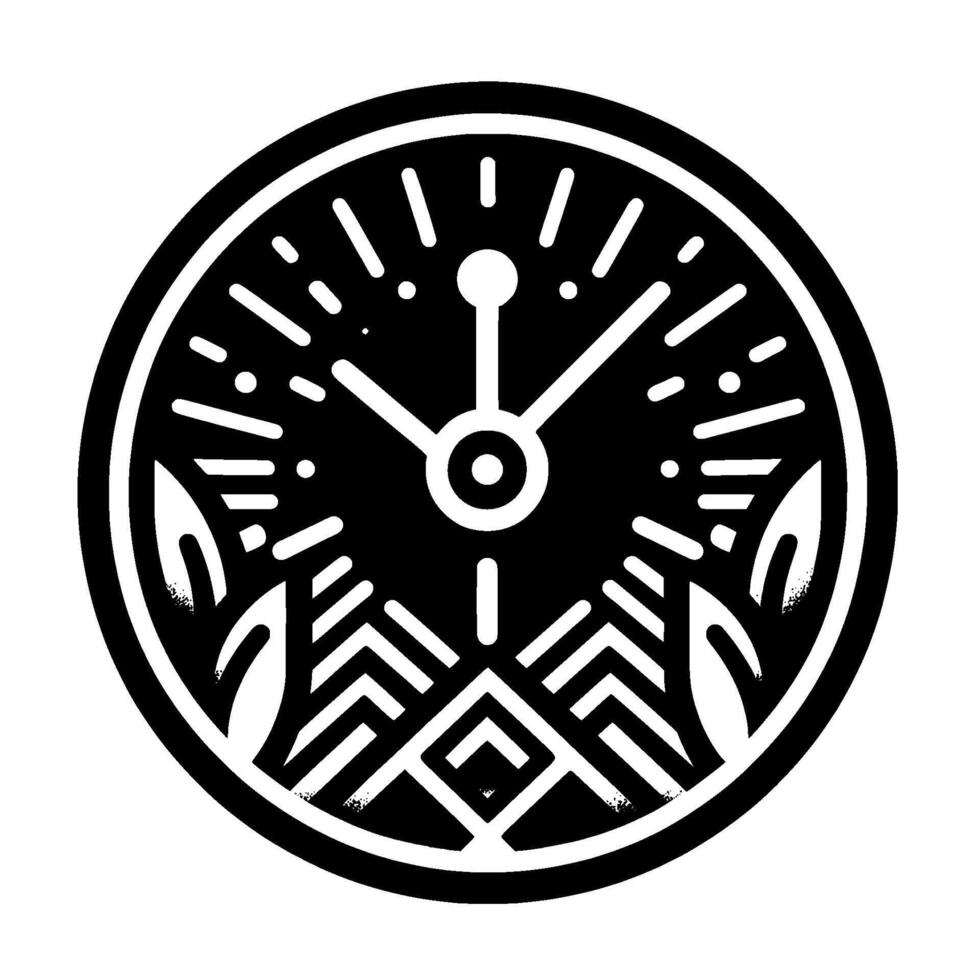 Black and white circular geometric depicting a stylized clock with nature motifs leaves, a mountain, and bursts. vector