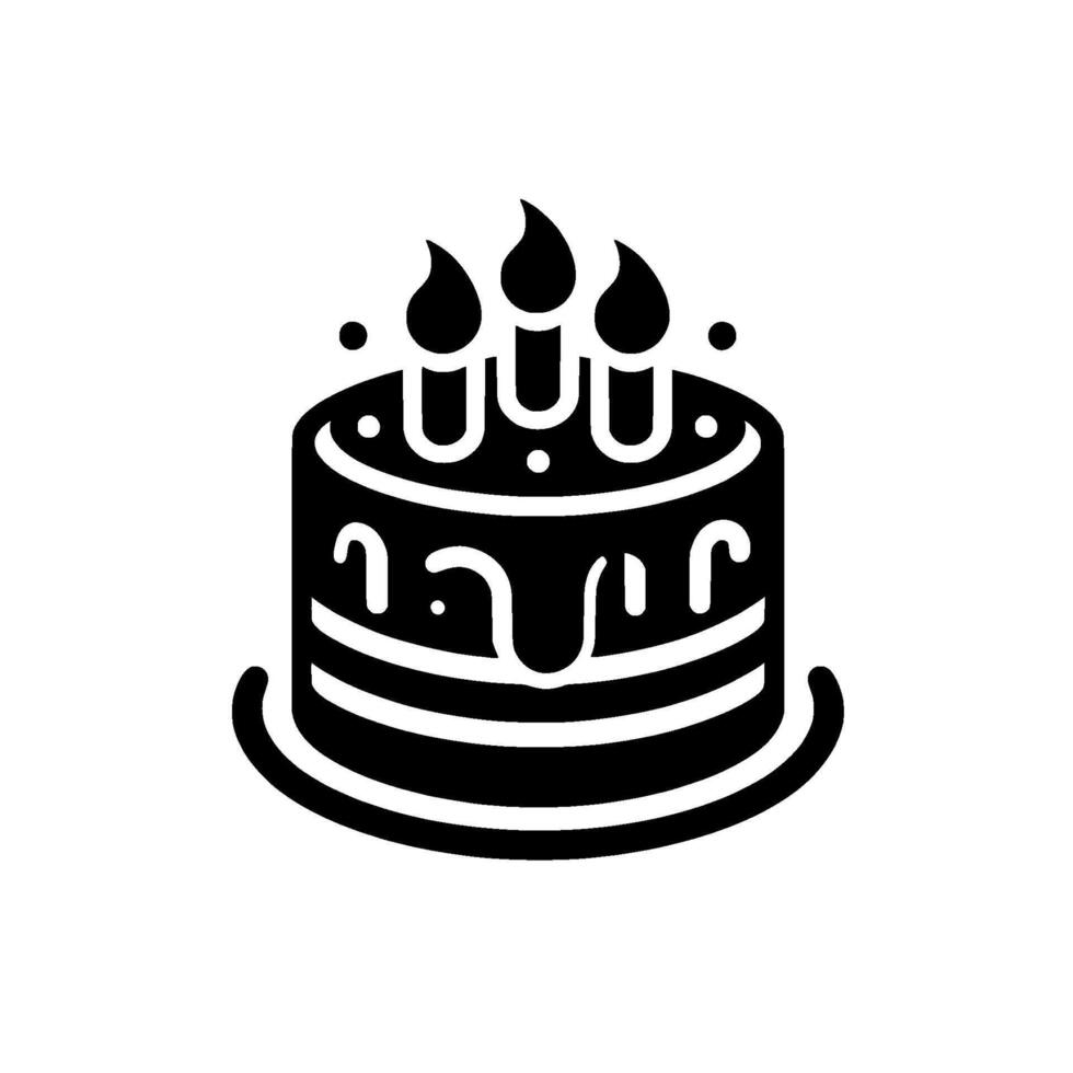 Minimalist Black and White Birthday Cake with Lit Candles, Drizzled Frosting, and Dot Accents on a Round Serving Plate. vector