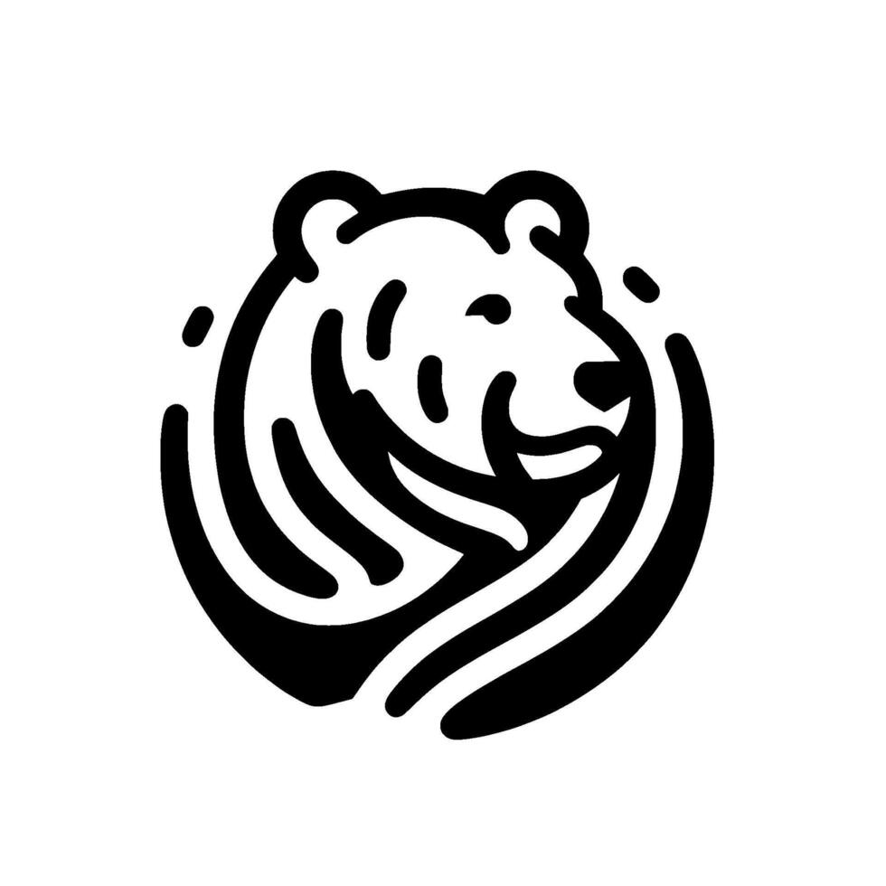 Simplified Black and White Bear Head Illustration A minimalist showcasing a smiling bears profile within a rounded frame, exuding a friendly aesthetic. vector