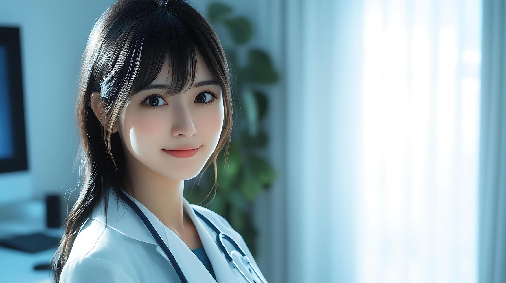 Smiling doctor in a crisp white coat radiating expertise and care Ready to assist with medical needs offering health and a hopeful future photo
