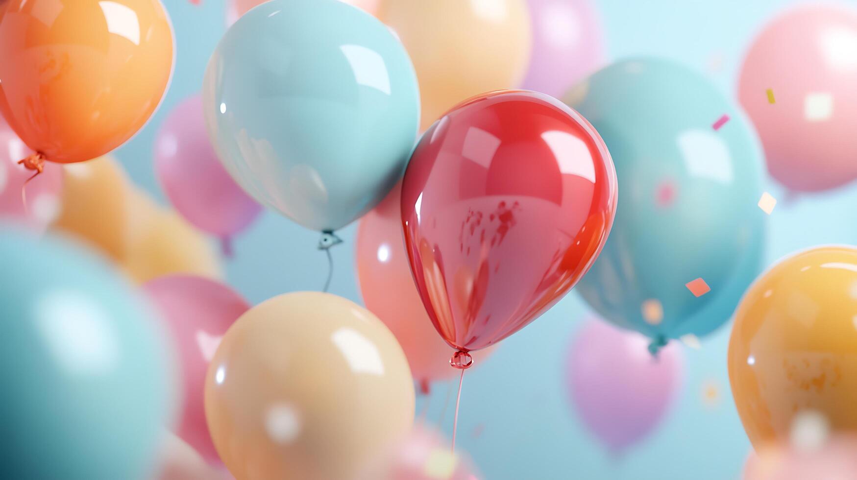 Colorful celebration with vibrant balloons floating in the air scattered confetti and a light blue background create a festive atmosphere photo