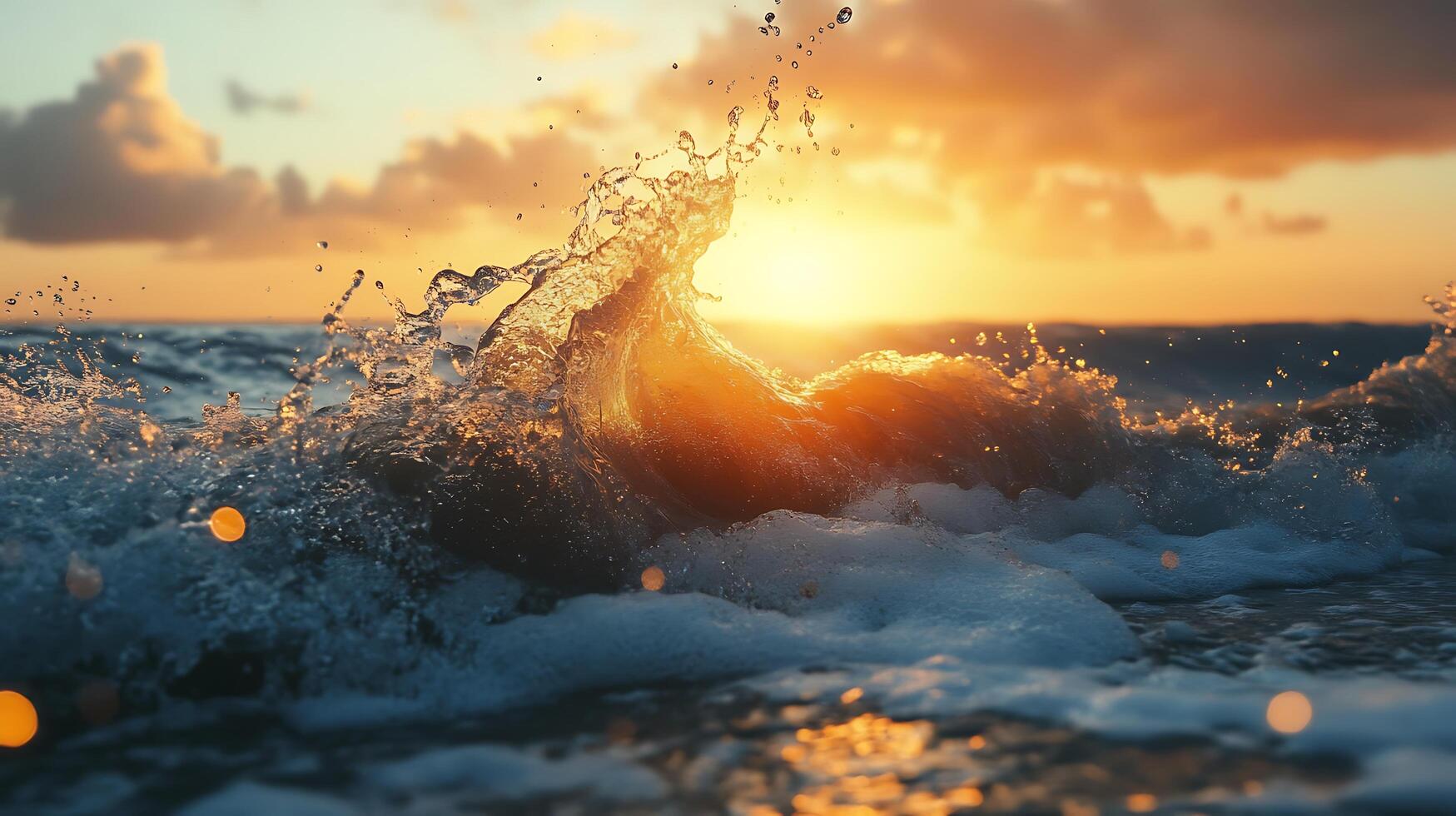 Ocean waves crash against the shore during a sunset with a mix of sea foam and golden rays A refreshing and dramatic scene of nature photo