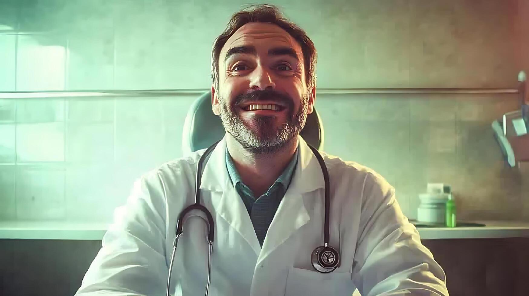 Friendly doctor smiles for the camera stethoscope on his neck ready to provide expert medical care in a modern clean clinic photo