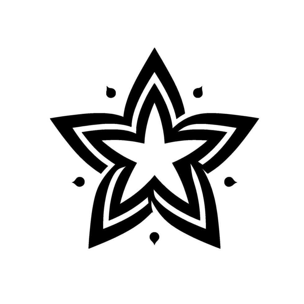 Black and White Star with Intricate Lines and Decorative Droplet Accents on a Clean White Background. vector