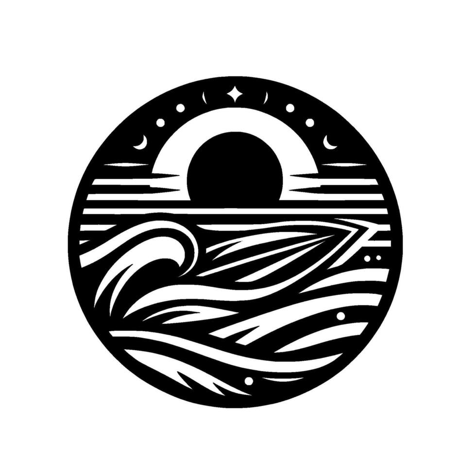 Stylized black and white circular illustration depicting a serene ocean scene with sun, moon phases, and waves. vector