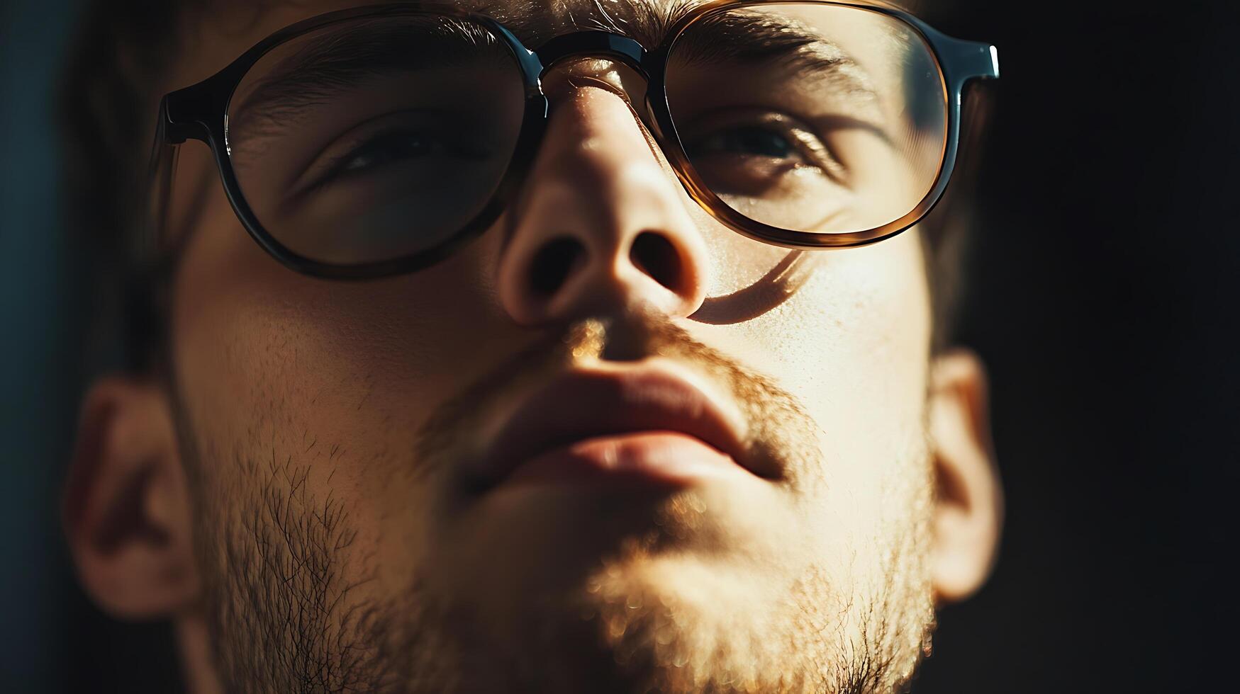 Close up portrait of a man wearing glasses with a small mustache looking off camera Sunlight highlights his face Dark background photo
