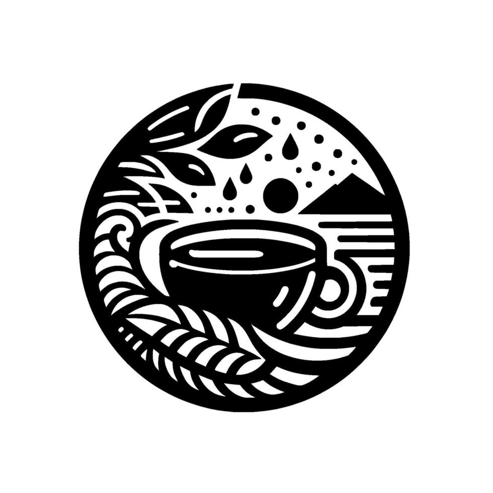 Minimalist circular featuring coffee cup, grains, leaves, and a mountain scene, all in solid black and white contrast. vector