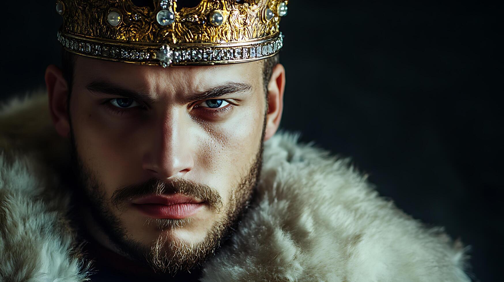 Portrait of a regal man with a commanding gaze adorned with a jeweled crown and a luxurious fur collar embodying power and nobility photo