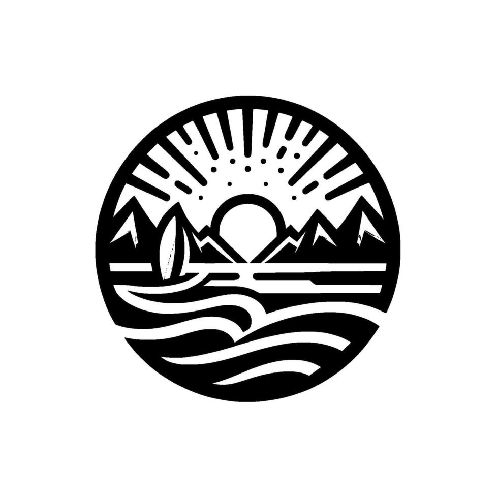 Monochromatic circular featuring a mountain range, rising sun, surf board, and stylized waves, evoking adventure. vector