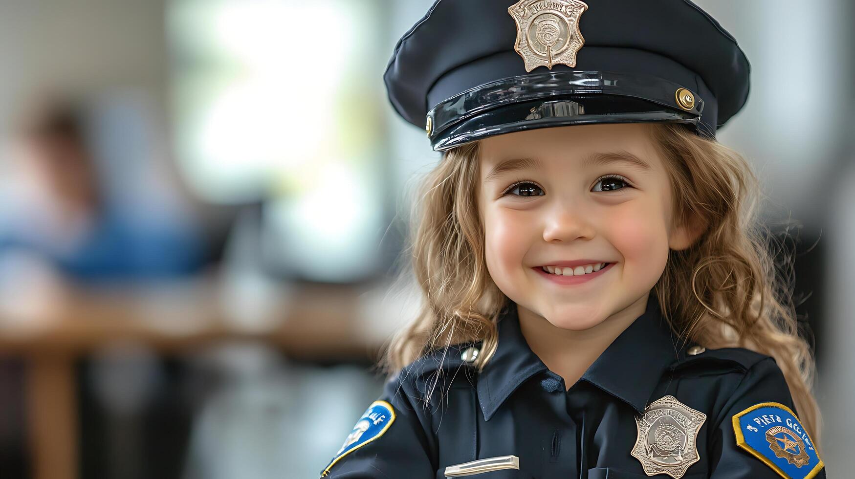 Charming young girl dressed up in a toy police uniform with a matching hat looks happily at the camera with a bright smile photo