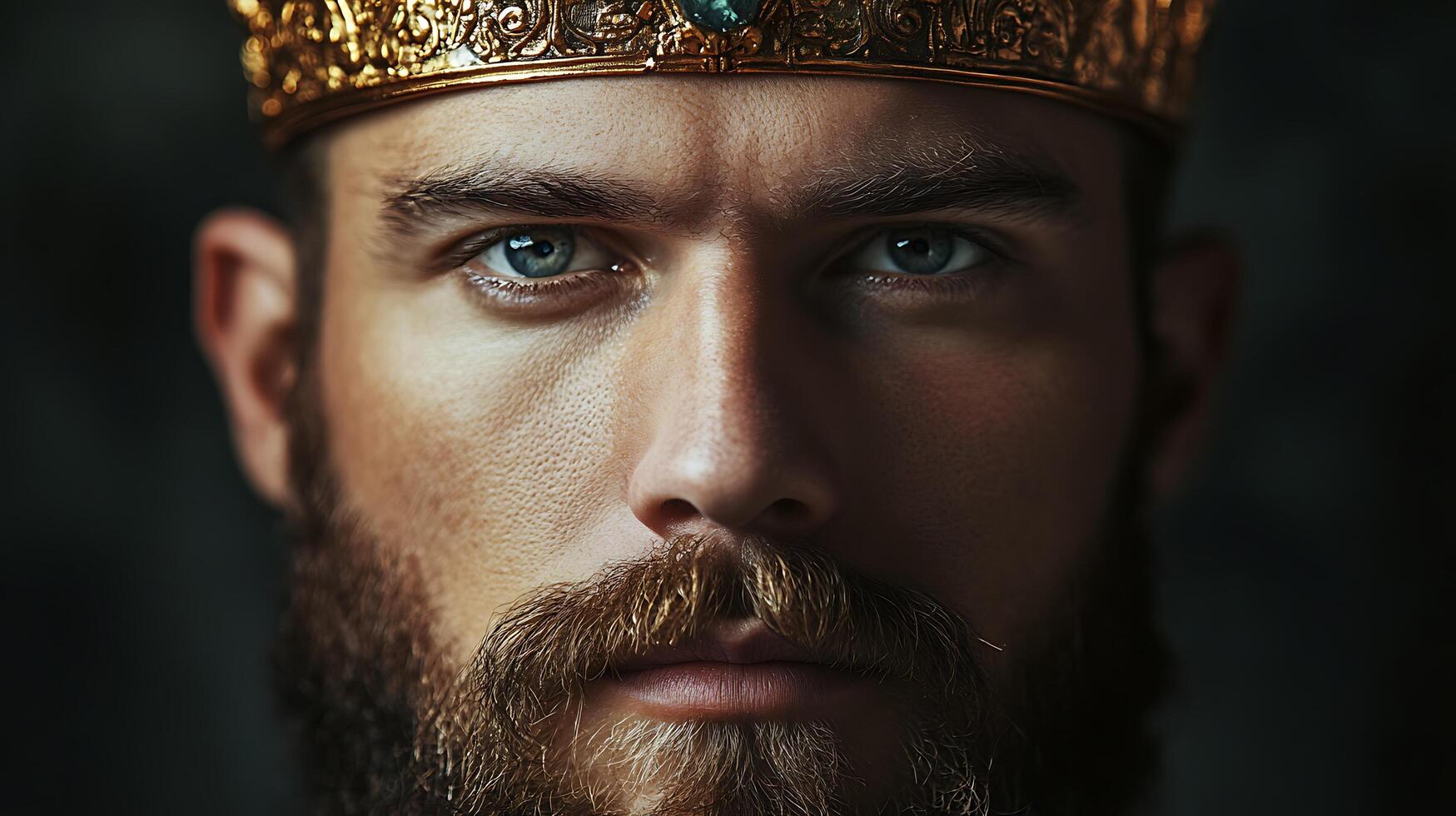Portrait of a regal figure wearing a golden crown his striking eyes and full beard conveying authority and experience photo