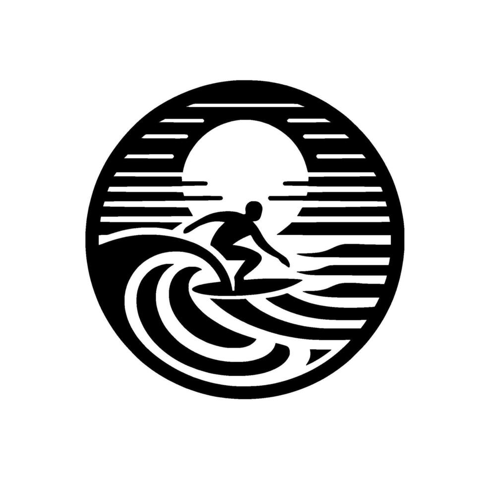 Silhouette of Surfer Carving a Wave within Circular SunandSea , Monochrome Illustration. vector