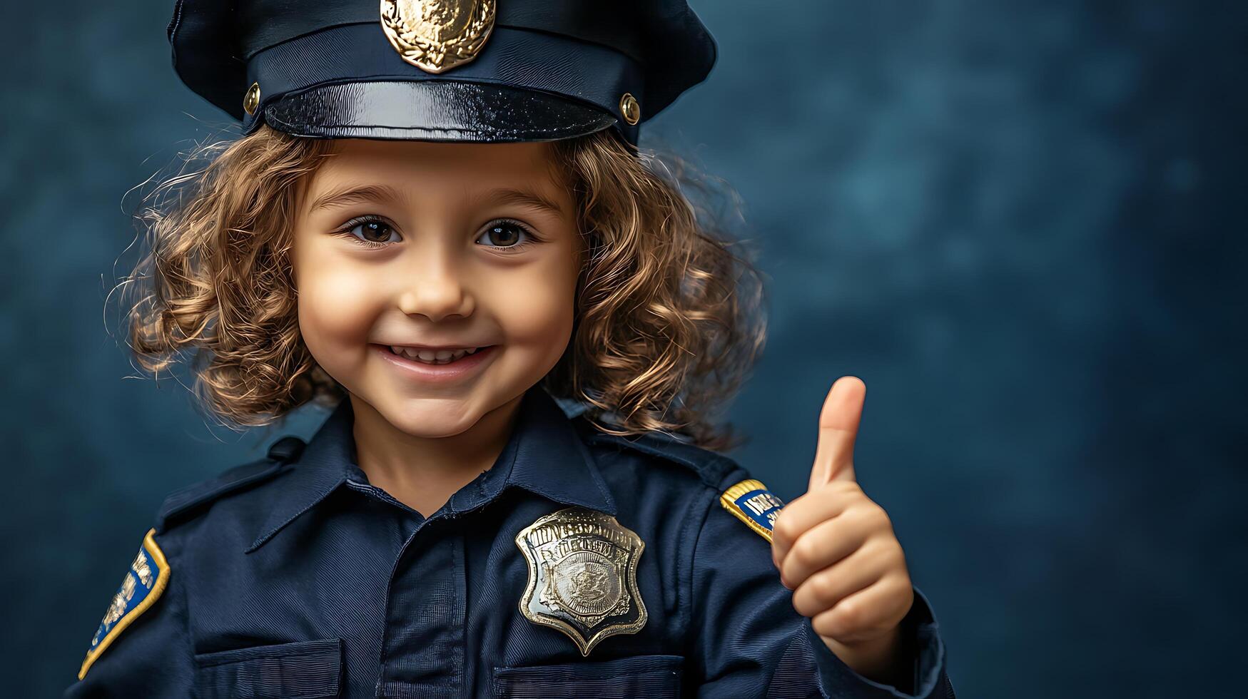 A young child dressed up in a police officer uniform with a badge and a hat giving a thumbs-up with a smile against a mottled dark blue background photo