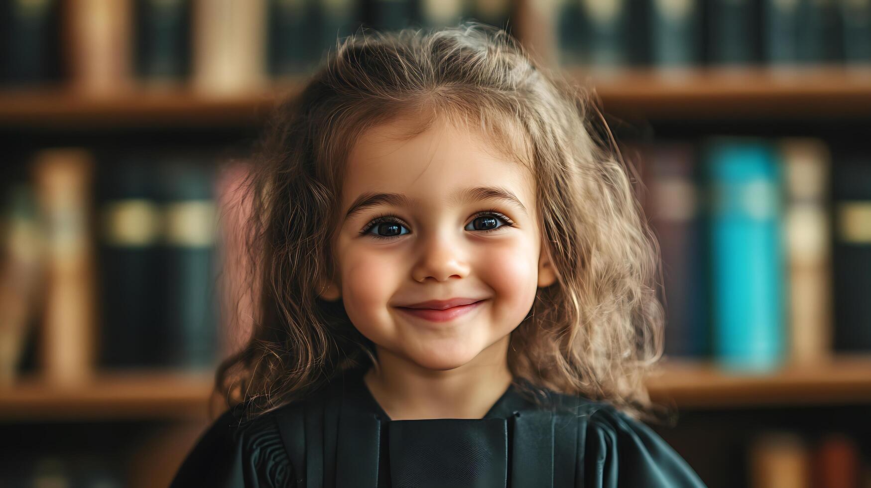 Smiling young girl with a warm expression dressed in dark clothing standing in front of a bookshelf filled with colorful books photo