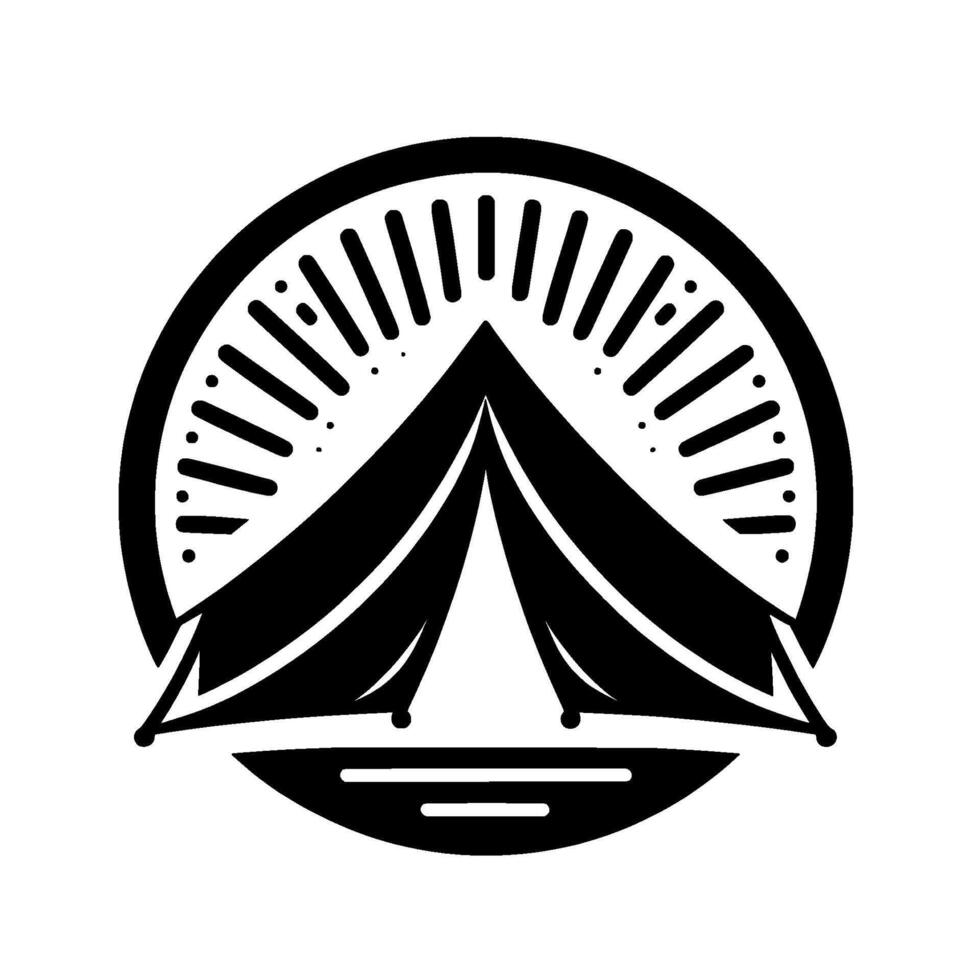 Black and White Illustration of a Tent Inside a Circle with Radial Lines and Dots, Suggesting Camping and Outdoors. vector