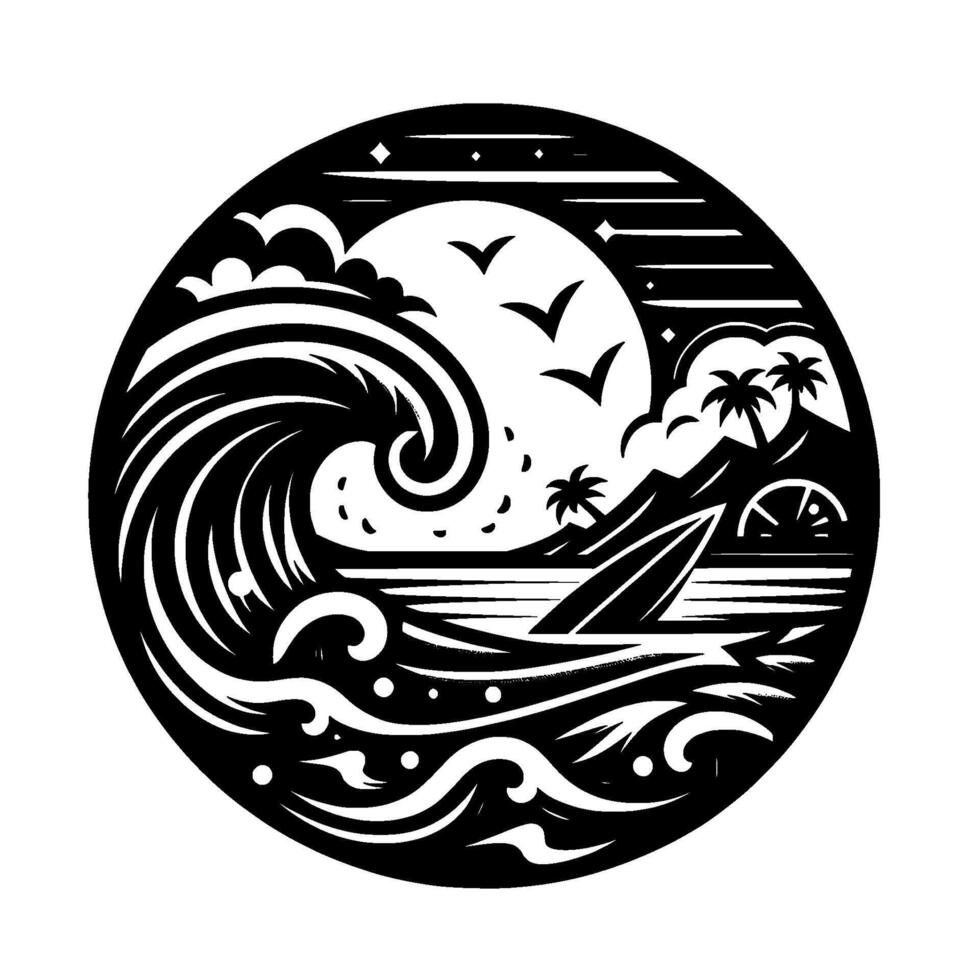 A monochrome circular featuring stylized ocean waves, a mountain island, palm trees, birds, and a full moon, evoking a sense of tranquility. vector