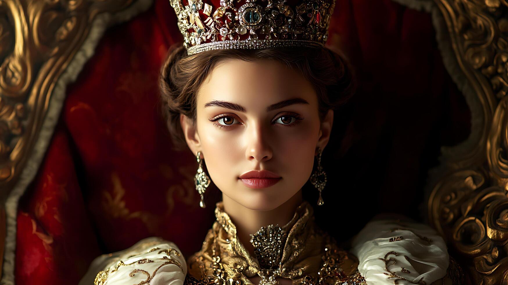 Elegant portrait of a regal woman adorned with a crown and jewels embodying sophistication and grace in a royal setting photo