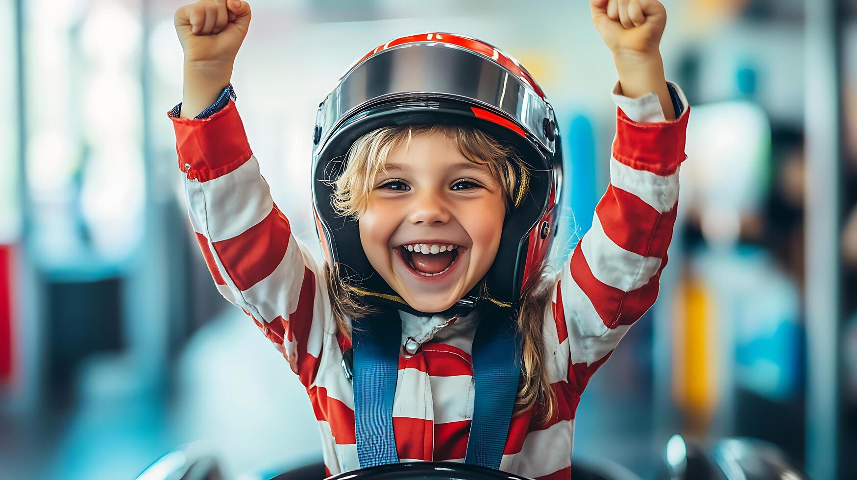 Victorious young racer wearing a helmet and racing suit celebrates with arms raised embodying the thrill of victory photo