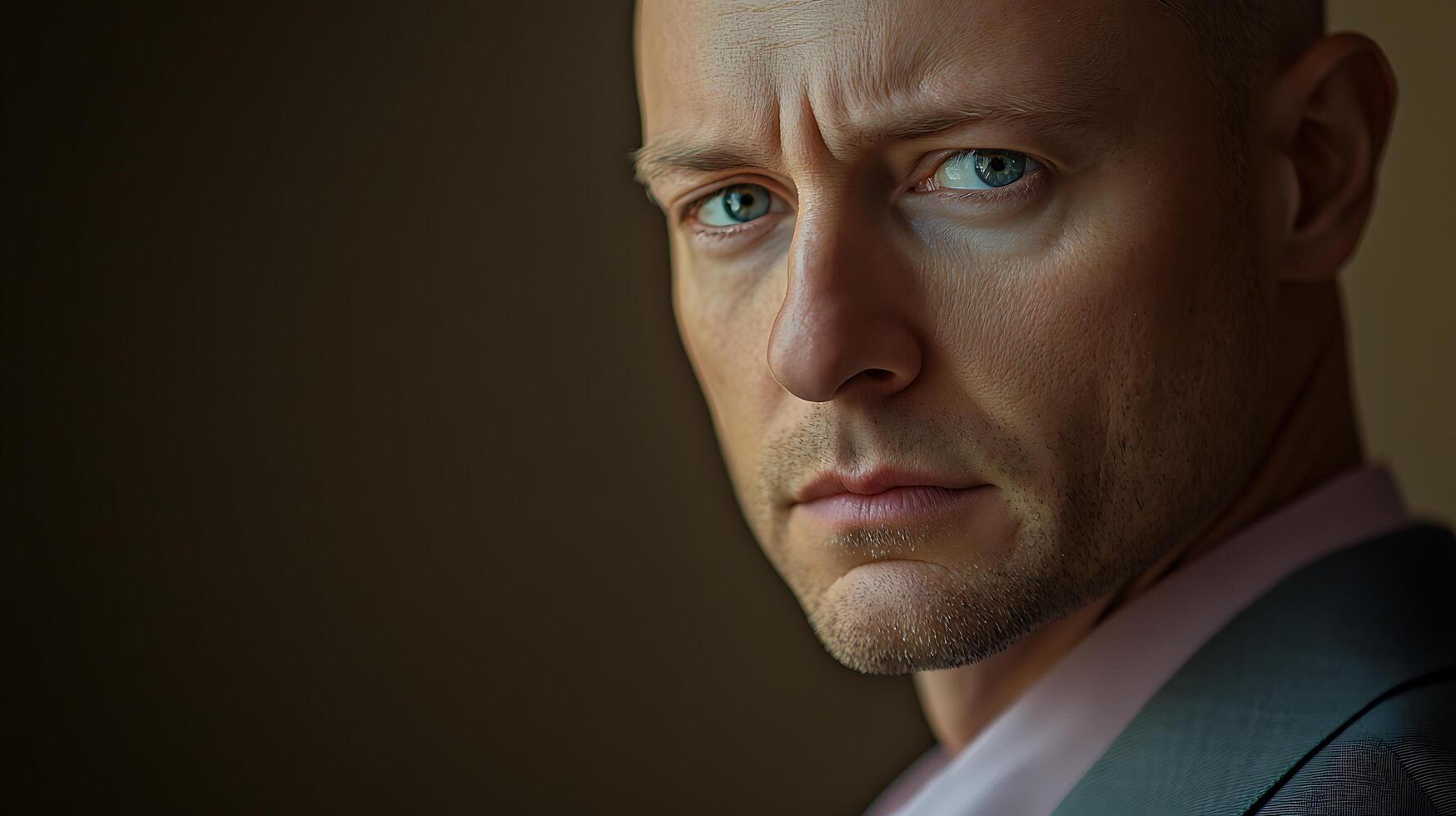 Intense gaze of a determined man in professional attire Close-up portrait highlighting strong features and focused expression photo