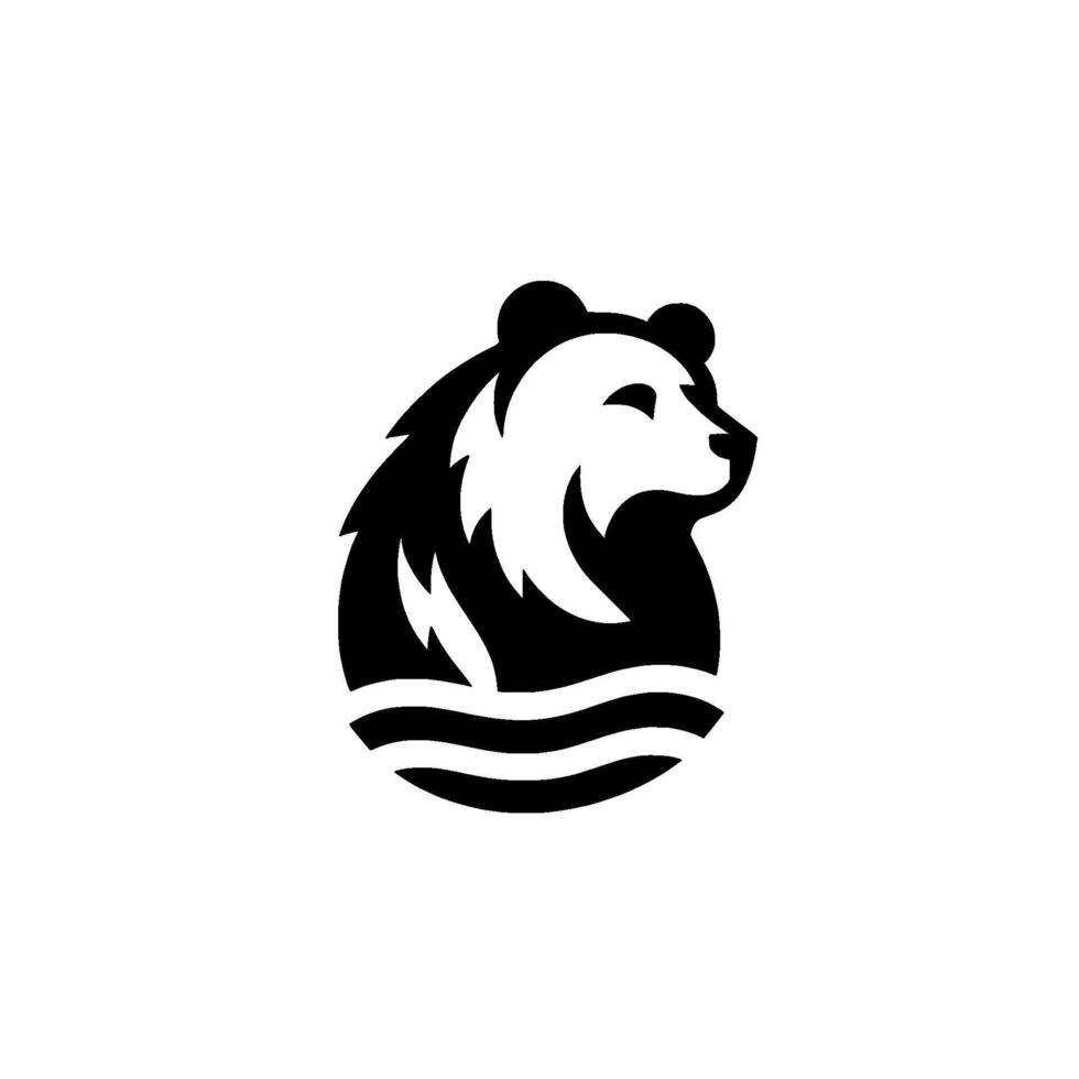 Stylized, Minimalist Black and White Bear , Profile Facing Right, with Water Element. vector