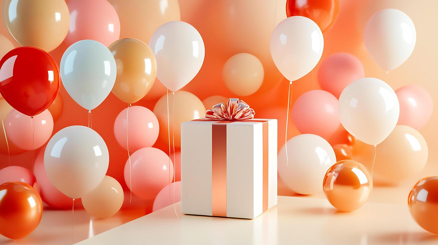 Celebration scene with balloons in pastel colors floating around a gift box wrapped with ribbon Festive joyful and colorful design photo