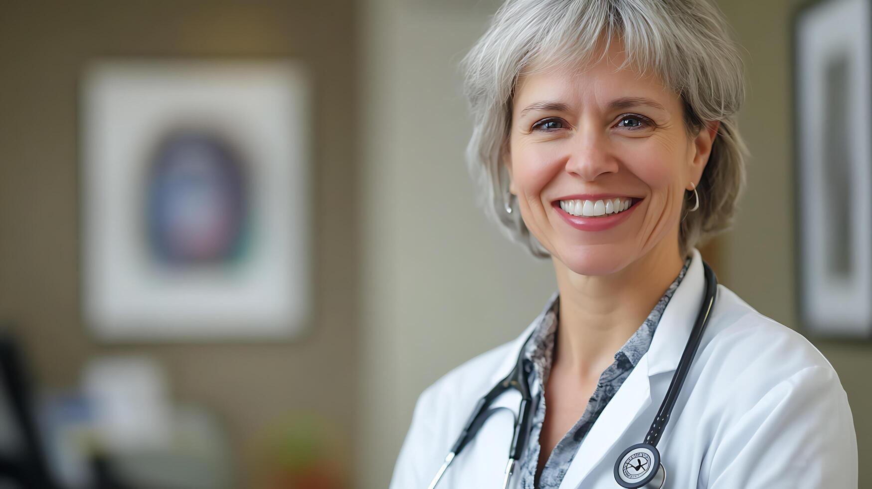 Smiling mature doctor in a white coat with stethoscope radiating confidence and care in a clinic setting Ready to provide the best care photo