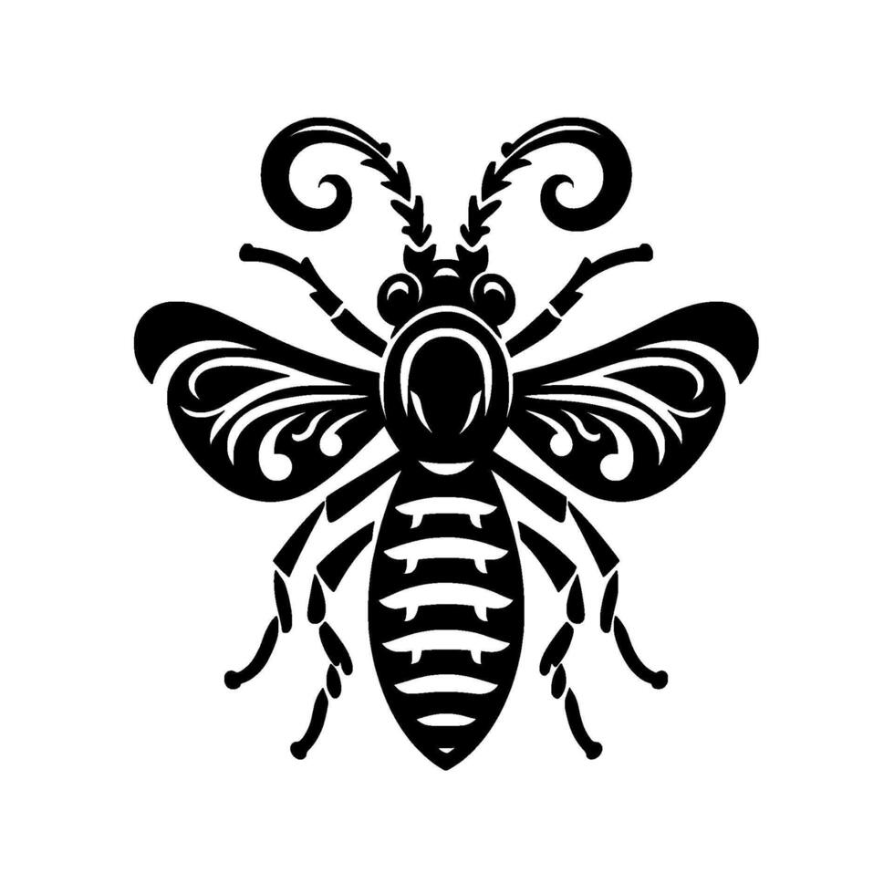 Elegant Black and White Decorative Bee Illustration with Ornate Wings and Detailed Body, Isolated on White. vector