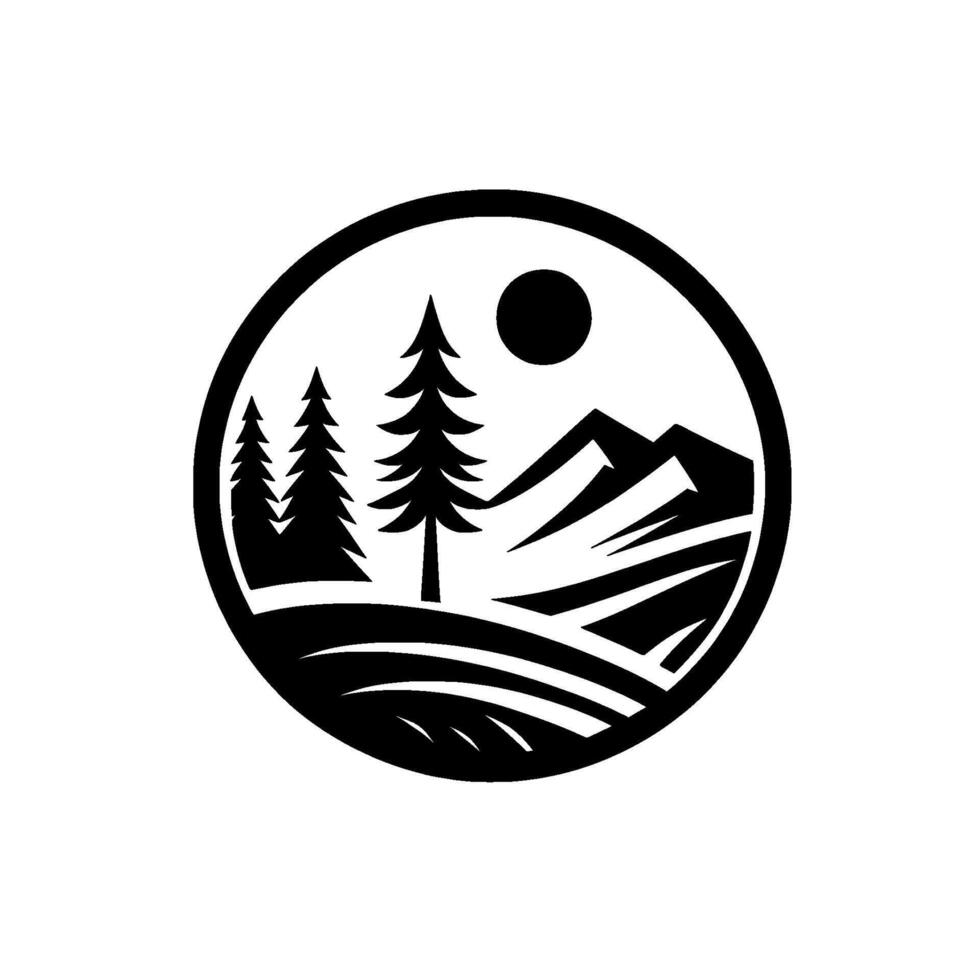 Stylized black and white landscape emblem pine trees, mountain range, sun, and rolling hills within a circular frame. vector