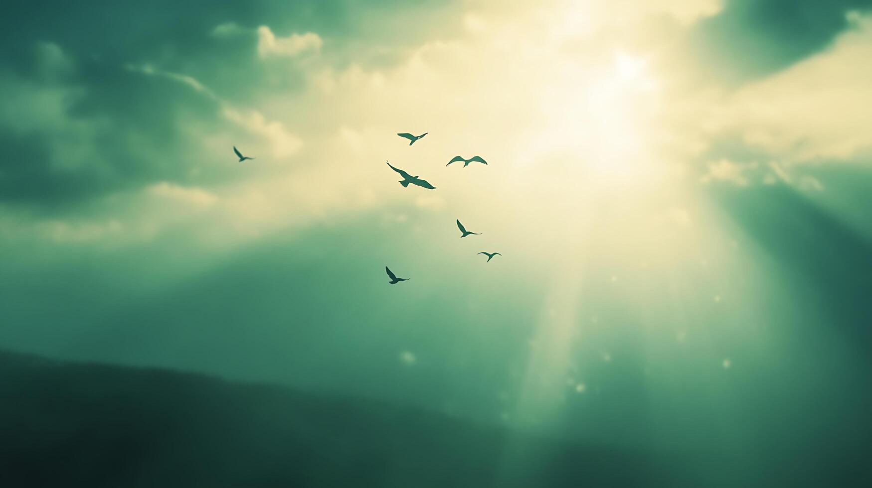 Bright Birds Flying in Celestial Atmosphere photo