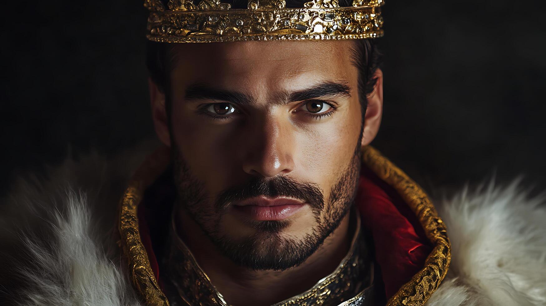 Man with a regal demeanor adorned with a golden crown and opulent fur-trimmed robes evokes a sense of power majesty and timeless authority photo