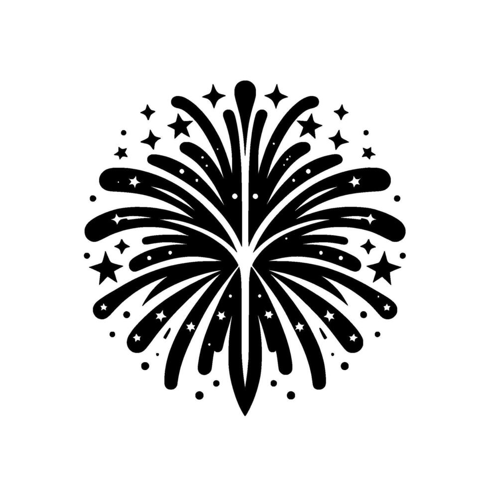 Monochromatic, stylized black firework burst radiating from a central point, surrounded by stars on a white background, minimalist . vector