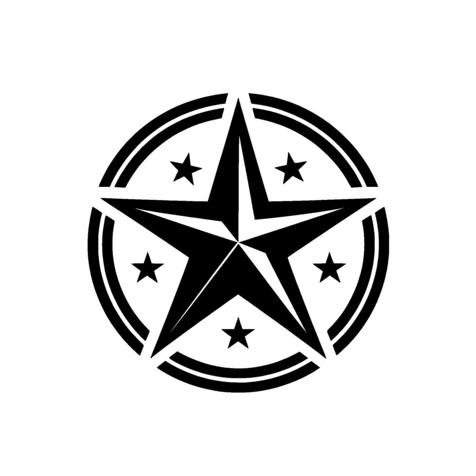 Bold Black and White Circular Emblem A Central Star Surrounded by a Ring Border and Five Smaller Stars, Geometric , Art. vector