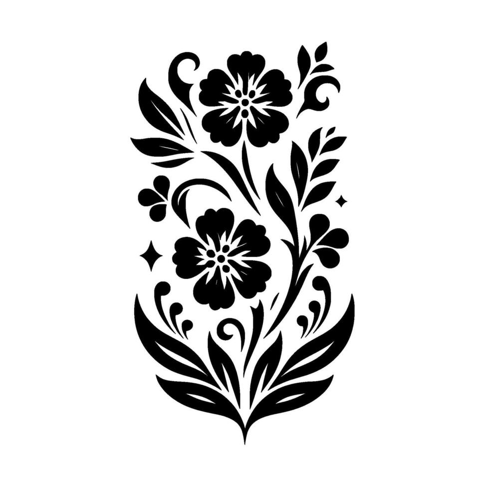 Symmetrical Black Floral on White Backdrop Featuring Decorative Flower, Leaf, and Scroll Motifs. vector
