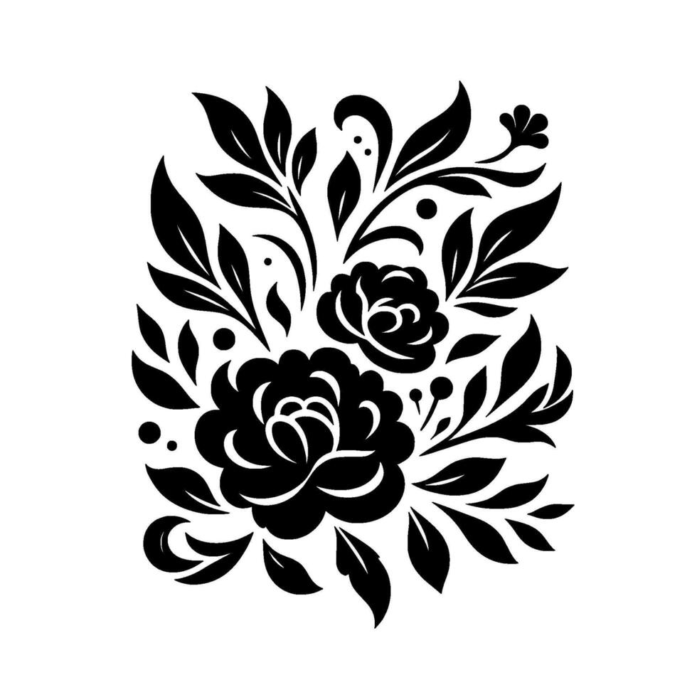 Black and white stylized floral illustration featuring two detailed roses surrounded by leaves, dots, and curling accents, set on a plain white background. vector