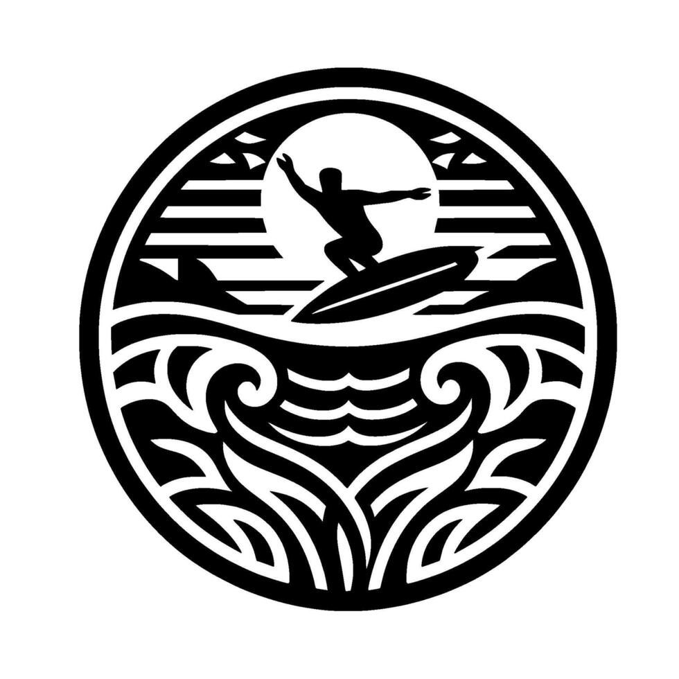 Black and white circular with a surfer silhouetted against the sun, waves, and a stylized ocean , capturing the essence of coastal surfing. vector