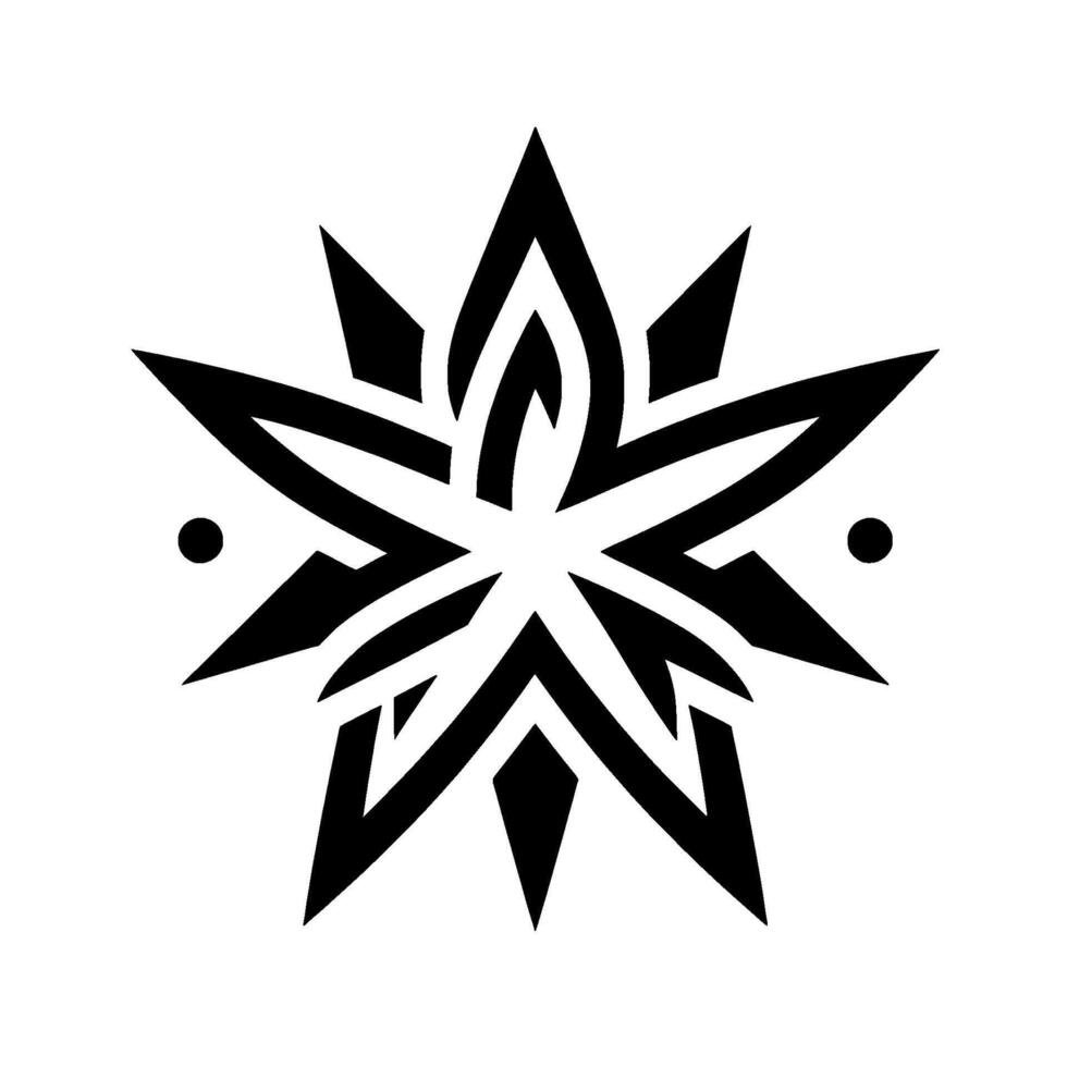 Symmetrical Black and White Starburst with Interwoven Geometric Patterns and Two Dots on a Clean White Background. vector