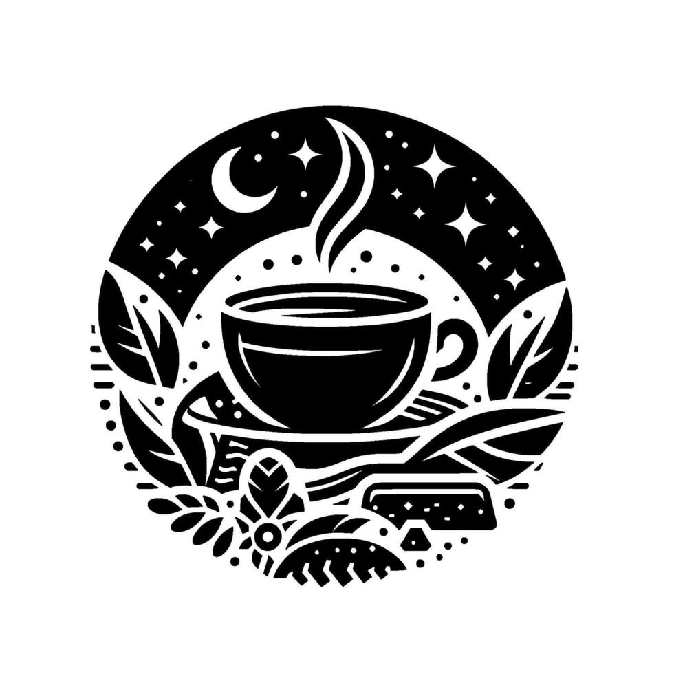 Serene Nighttime Brew A Monochrome Circle Illustrating a Steaming Coffee Cup Amidst Stellar and Botanical Elements. vector
