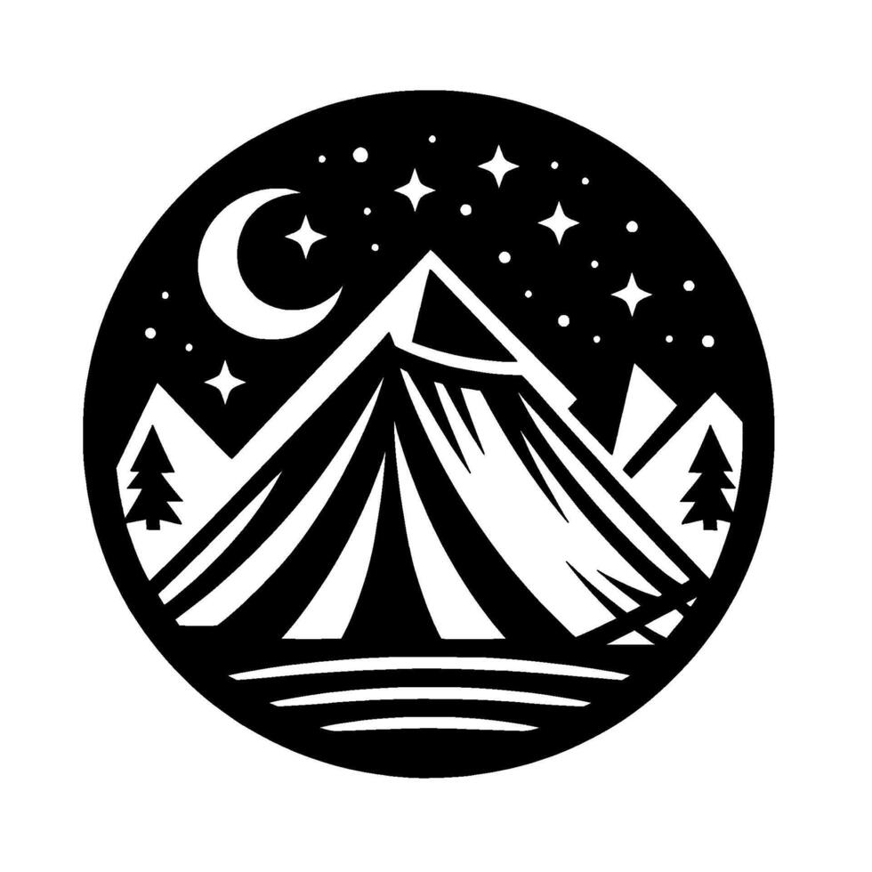 Black and white circular illustration of a mountain campsite under a starry night sky, featuring a crescent moon, pine trees, and tent. vector